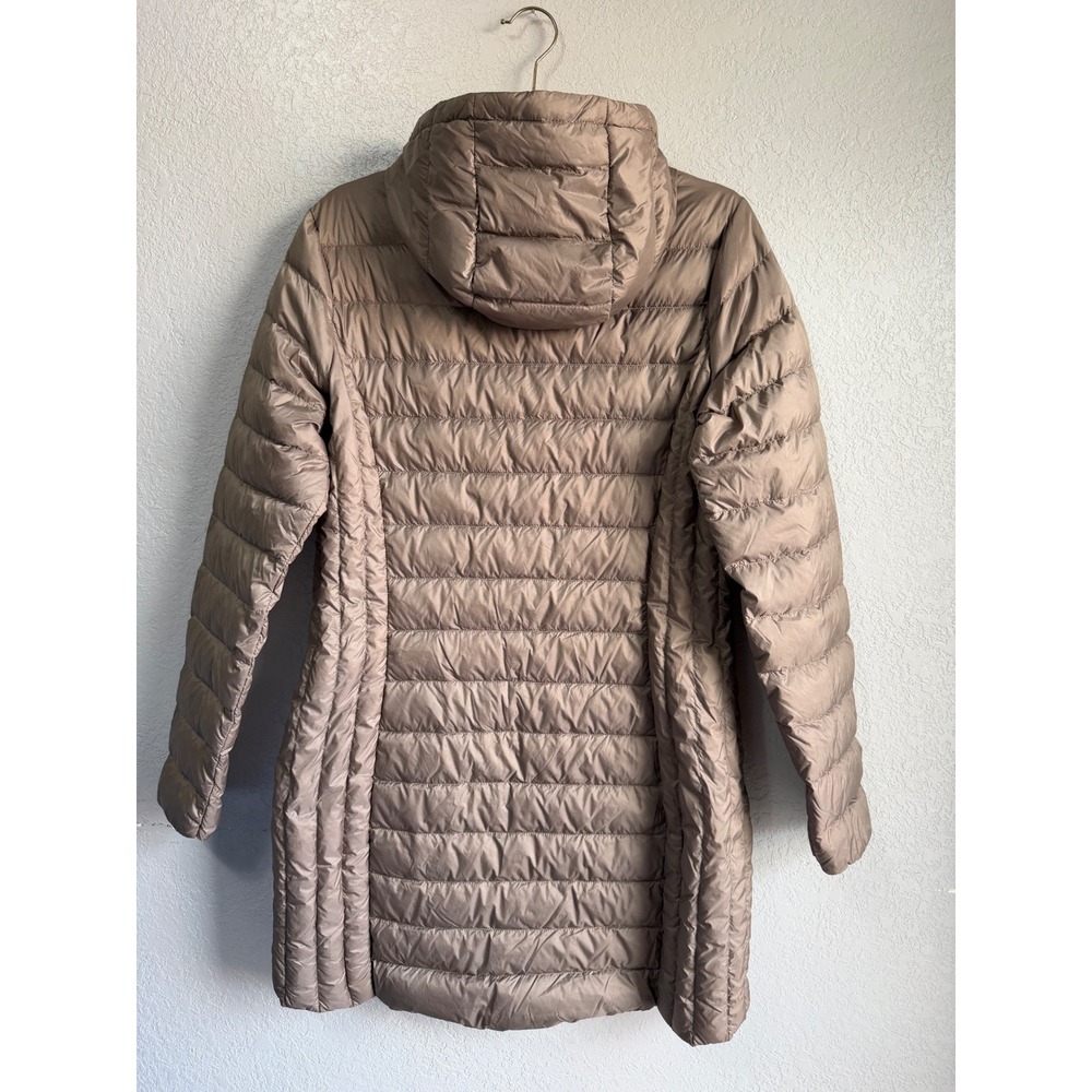 Aventure Womens Down Lightweight Puffer Jacket Hooded Mid Length Taupe/Bronze M - Picture 3 of 10